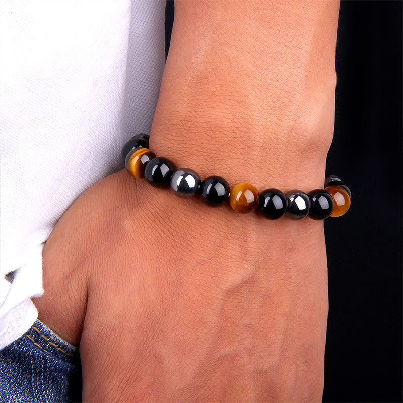 Men's bracelet with obsidian tiger eye hematite beads (elastic)