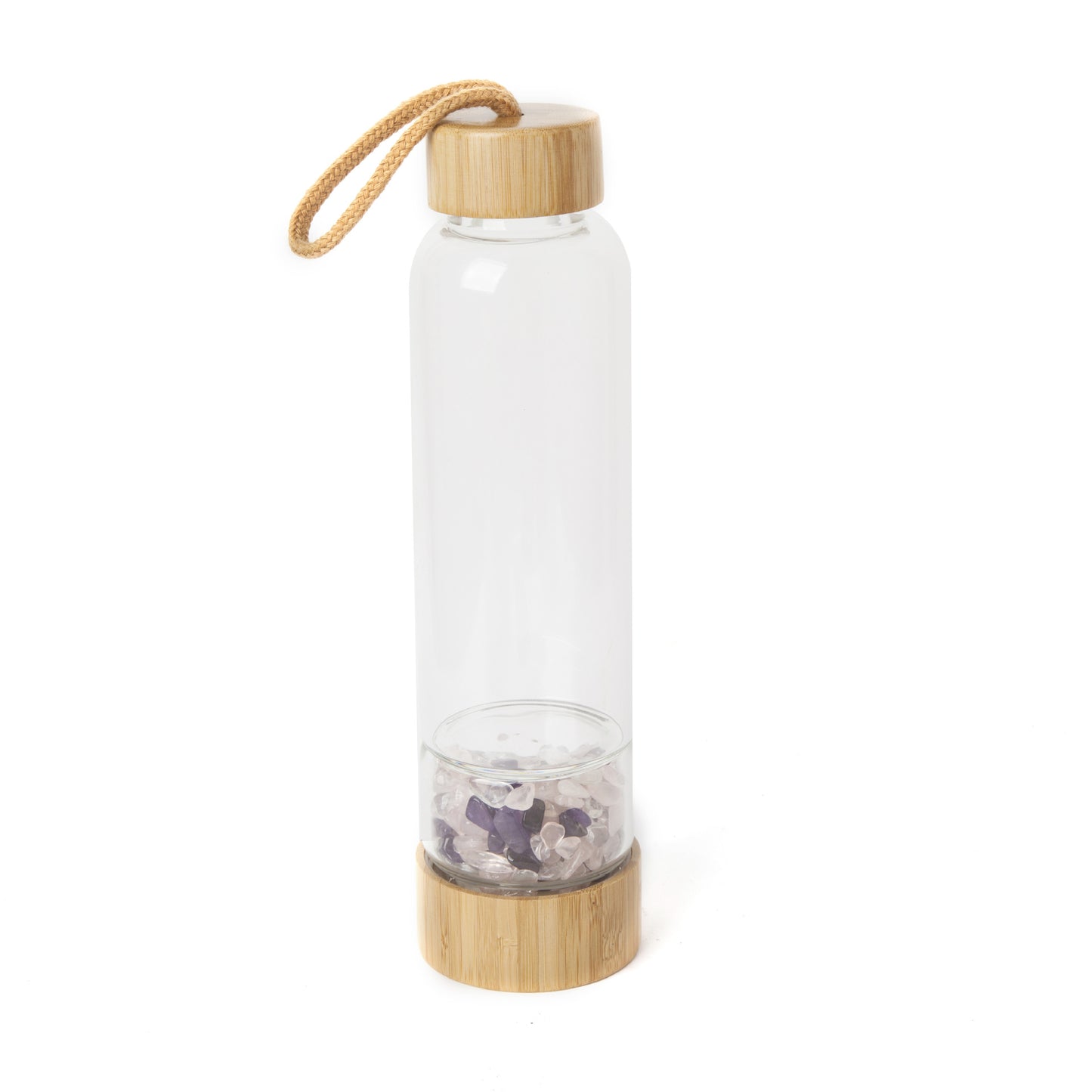 Glass water bottle with energy crystal pebbles