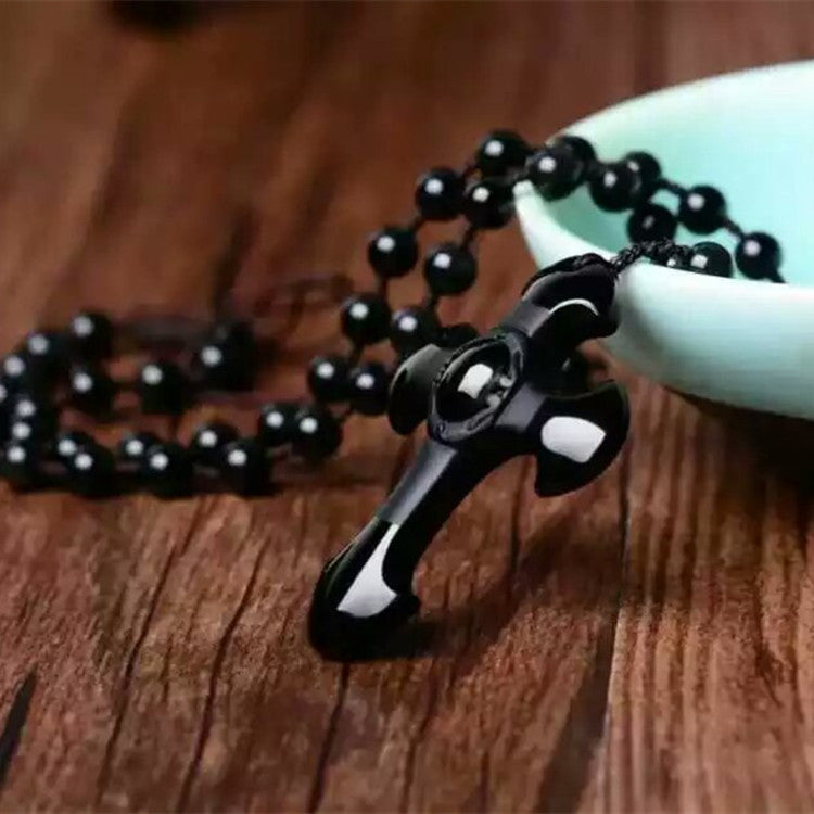 Black frosted obsidian cross, with obsidian necklace