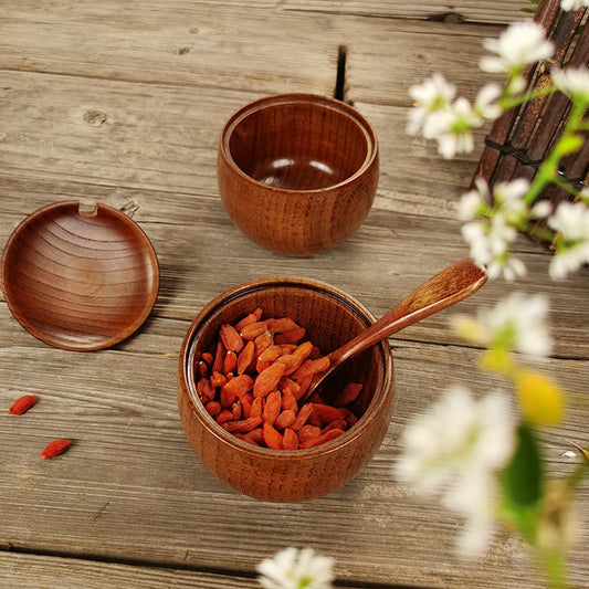 Jujube wooden salt/spice jar with lid and spoon (100% wood)