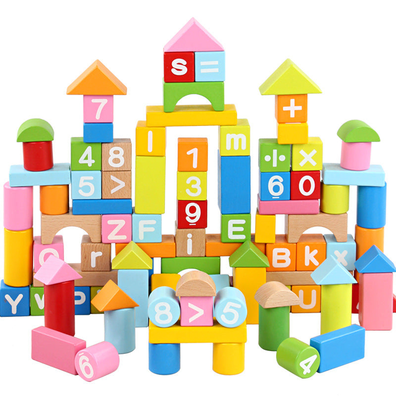 Colored beech wood building blocks (alphabet/numbers/arithmetic symbols)