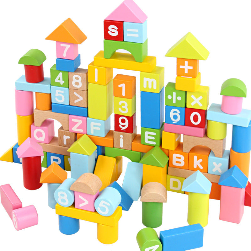 Colored beech wood building blocks (alphabet/numbers/arithmetic symbols)