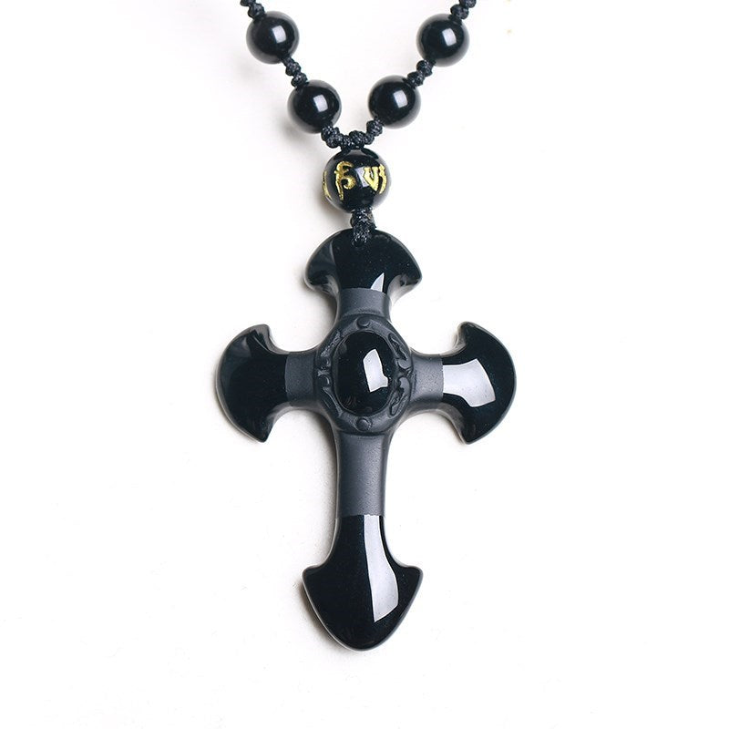 Black frosted obsidian cross, with obsidian necklace