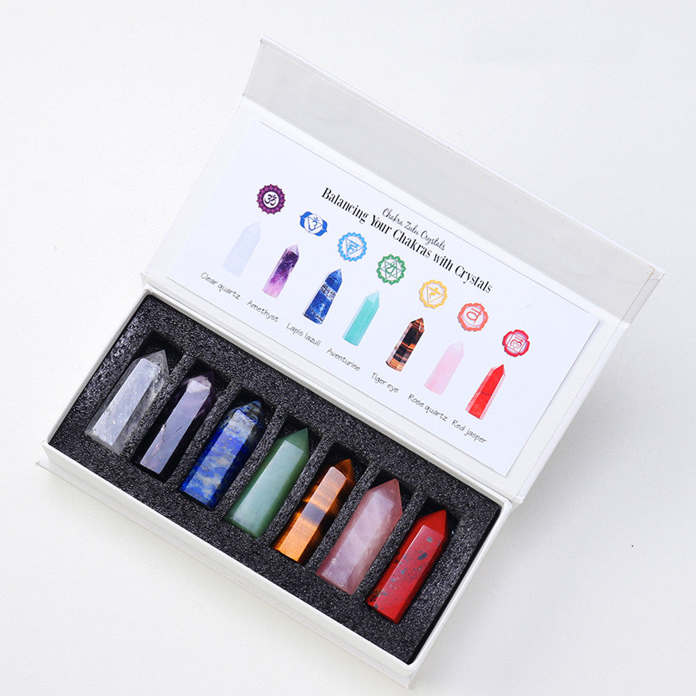 7 chakra stones in different designs, with degaussing box