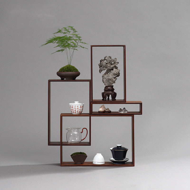 Extravagant bamboo shelf made of individual ornaments