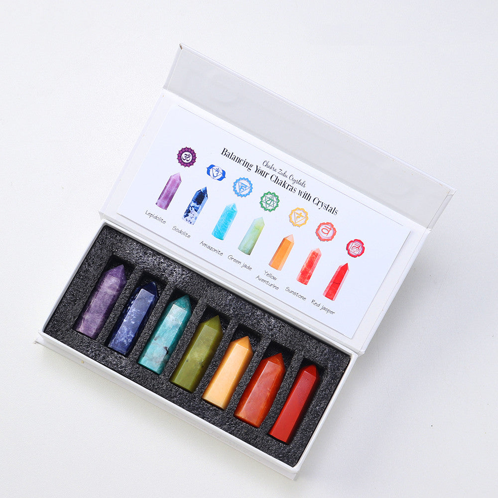 7 chakra stones in different designs, with degaussing box